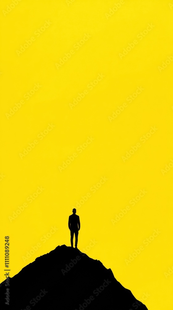 Naklejka premium Silhouette of a person standing on a hill against a vibrant yellow sky, AI
