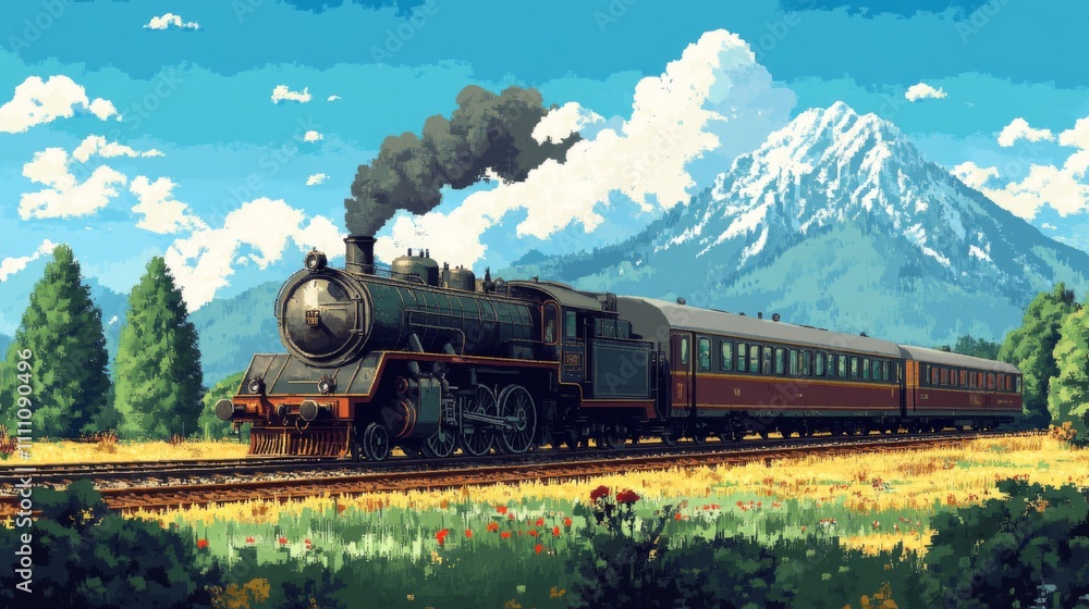 Obraz premium Steam Locomotive Train Traveling Through a Mountainous Landscape
