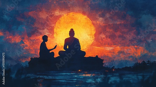  Watercolor Illustration for Guru Purnima with a Silhouette of a Teacher and Student