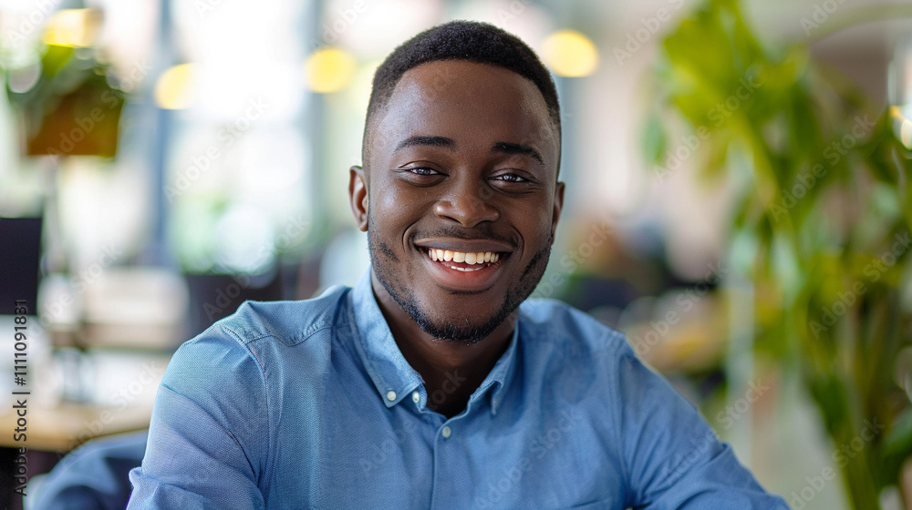 A photo of a smiling customer service man smiling to the camera, in an office environment, wearing a blue shirt and looking at the screen. He has short hair. His smile reflects confidence A photo of a smiling customer service man smiling to the camera, in an office environment, wearing a blue shirt and looking at the screen. He has short hair. His smile reflects confidence