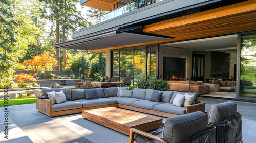 Modern Outdoor Patio Design  Luxury Sectional Sofa  Wooden Coffee Table  Retractable Awnin