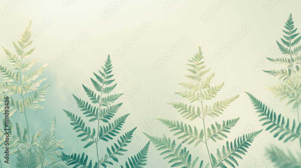 A background of delicate ferns in soft green tones on a pale pastel background A background of delicate ferns in soft green tones on a pale pastel background
