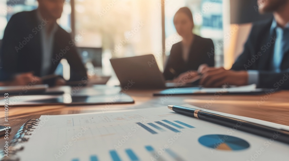 Businesspeople meeting, analyzing financial data, charts, graphs, laptop, documents, pen. Businesspeople meeting, analyzing financial data, charts, graphs, laptop, documents, pen.