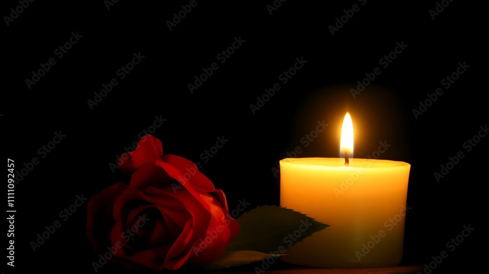 A single red rose and a lit candle in darkness A single red rose and a lit candle in darkness