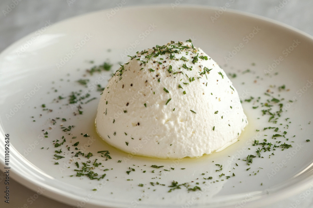 a small ricotta cheese mound, surrounded by a faint sprinkling of herbs on a white plate a small ricotta cheese mound, surrounded by a faint sprinkling of herbs on a white plate