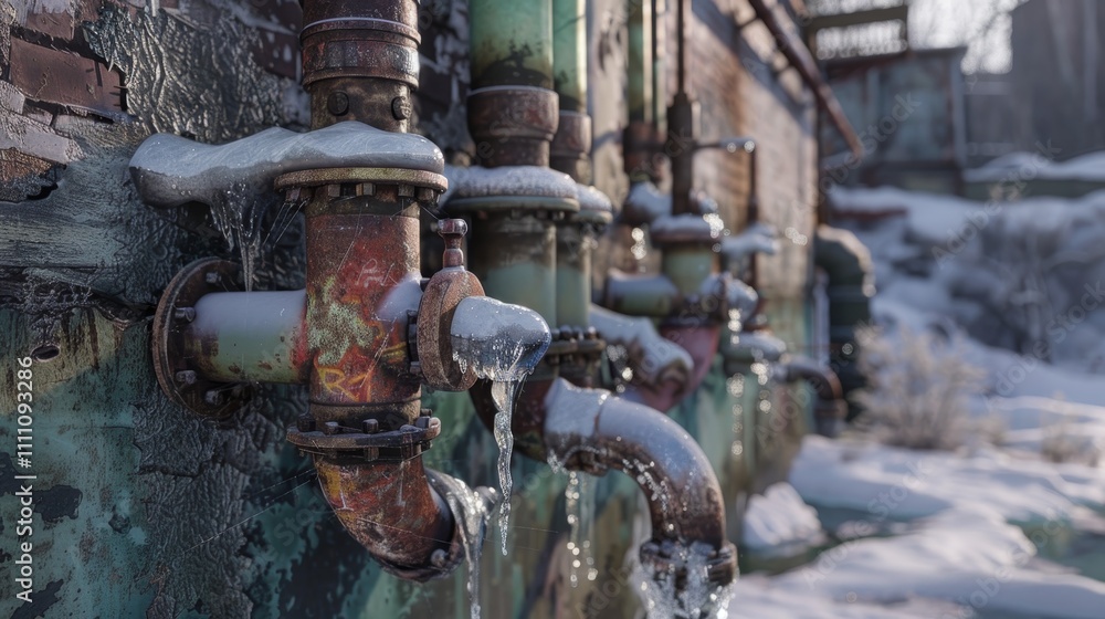 Frozen pipes covered in frost a realistic depiction of winter plumbing emergencies Frozen pipes covered in frost a realistic depiction of winter plumbing emergencies