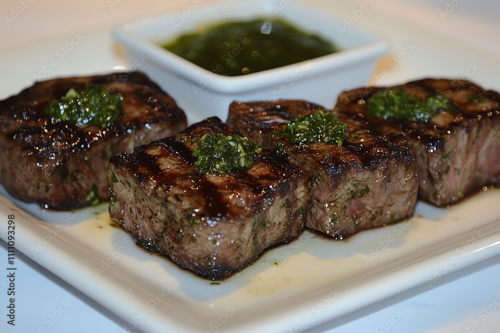 Succulent Grilled Steak with Chimichurri Sauce Served on a White Table Setting Succulent Grilled Steak with Chimichurri Sauce Served on a White Table Setting