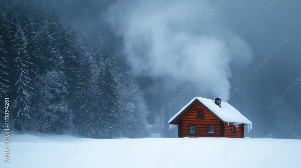 A cozy wooden cabin nestled in a snow-covered clearing, with smoke rising from the chimney A cozy wooden cabin nestled in a snow-covered clearing, with smoke rising from the chimney