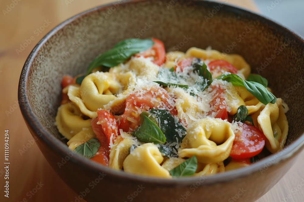 vibrant tortellini in a tomato and basil sauce, topped with grated parmesan and served in a rustic ceramic bowl, cozy and comforting style vibrant tortellini in a tomato and basil sauce, topped with grated parmesan and served in a rustic ceramic bowl, cozy and comforting style