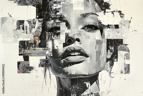 A muted chaotic, graffiti collage with a woman face photo