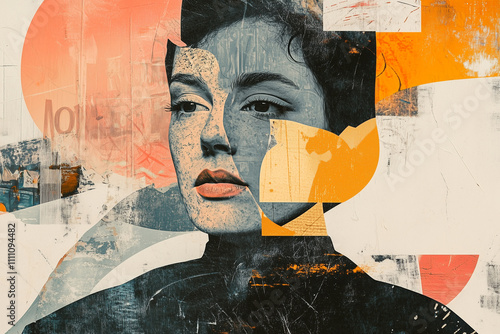 A muted chaotic, graffiti collage with a woman face photo