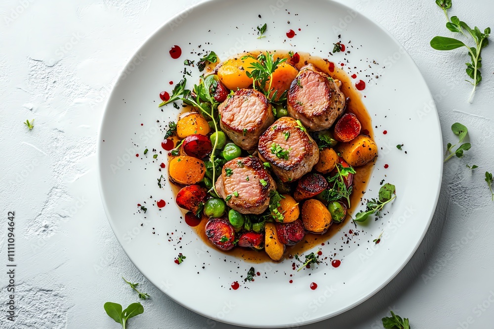 Savory Pork Tenderloin Accompanied by Fresh Vegetables on a White Table Setting Savory Pork Tenderloin Accompanied by Fresh Vegetables on a White Table Setting