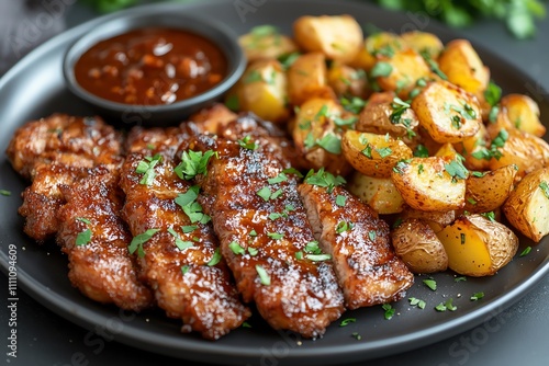 Savory Pork Schnitzel Served with Potatoes on a Black Tabletop