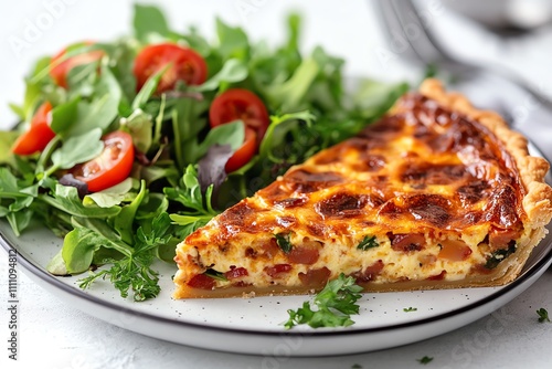 Delicious Quiche Accompanied by Fresh Side Salad on a White Table Setting