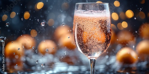 A sparkling champagne glass with festive bokeh in the background. A luxurious and elegant theme for parties and holidays. Banner with space for text photo