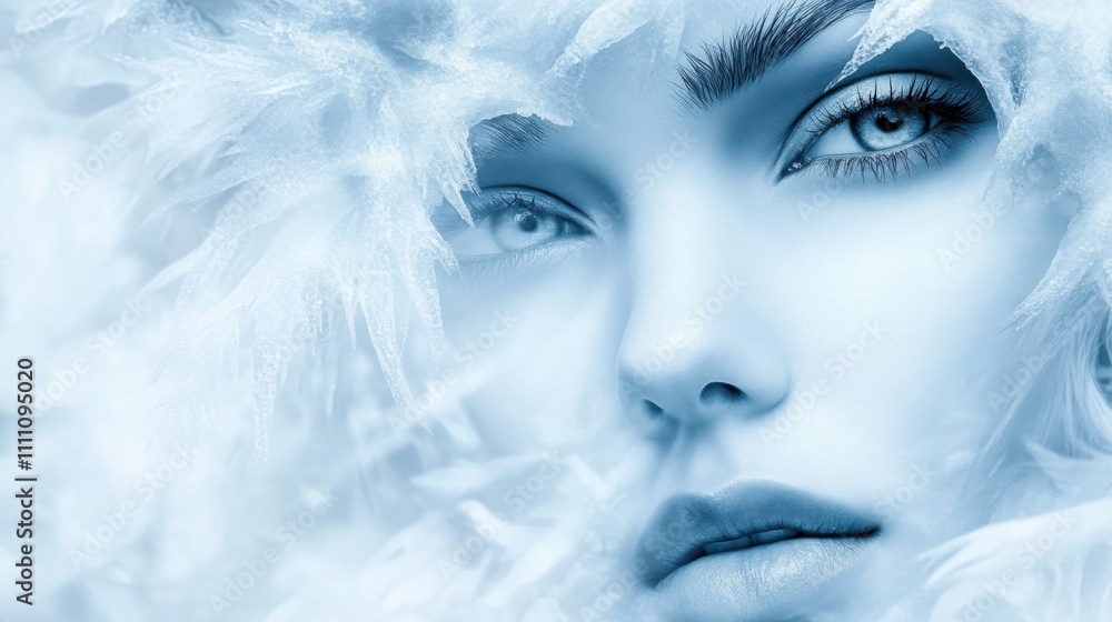 Ethereal close-up of a woman's face surrounded by icy textures and soft light, AI Ethereal close-up of a woman's face surrounded by icy textures and soft light, AI