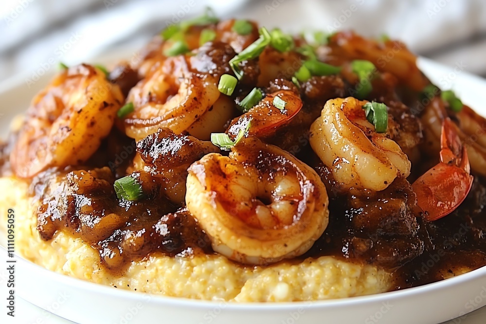 Delicious Shrimp and Grits Served on a White Tablecloth Delicious Shrimp and Grits Served on a White Tablecloth