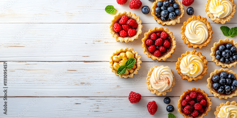 Assorted Mini Tarts with Fresh Berries on White Wooden Table Assorted Mini Tarts with Fresh Berries on White Wooden Table