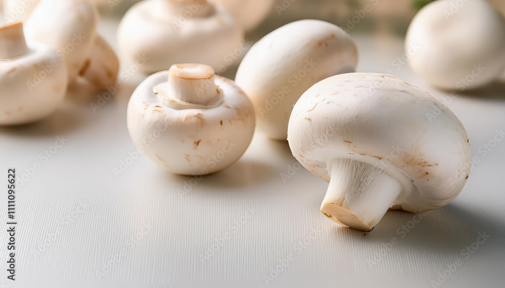 Fresh white mushrooms on subtle textured surface Fresh white mushrooms on subtle textured surface