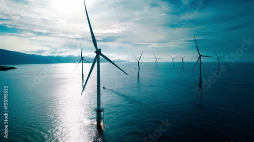 Group of wind turbines on the high seas, with water and sky in the background. Turbines transmit movement and power. Clean and renewable energy concept.