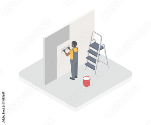 Isometric plasterer renovating indoor walls and ceilings with float and plaster. Construction finishing works. Construction building industry, new home, construction interior. Vector illustration.