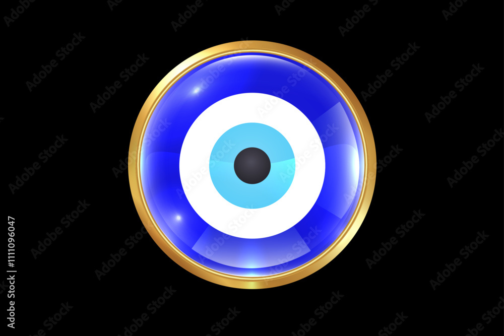 The Evil eye mystical symbol, gold and glass. Turkish nazar icon. Greek charm or amulet. Protection from the evil eye. Vector logo design isolated on black background The Evil eye mystical symbol, gold and glass. Turkish nazar icon. Greek charm or amulet. Protection from the evil eye. Vector logo design isolated on black background