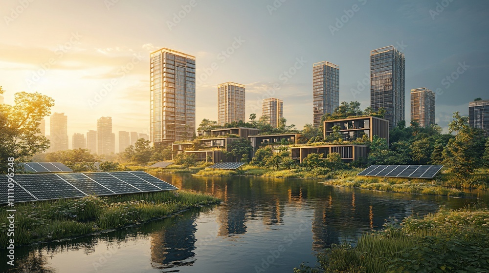Sustainable city skyline at sunrise with modern eco-friendly buildings, lush greenery, and solar panels reflecting on a calm water canal. Sustainable city skyline at sunrise with modern eco-friendly buildings, lush greenery, and solar panels reflecting on a calm water canal.