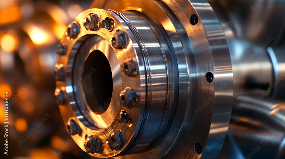 Fototapeta premium Industrial Metal Parts Close up Steel Machine Components Engineering Manufacturing Tec