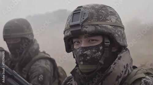 some asian soldiers in full combat gear, performing intense military training exercises in a rugged terrain, wearing camouflage uniforms with tactical vests, helmets, and face paint,  photo