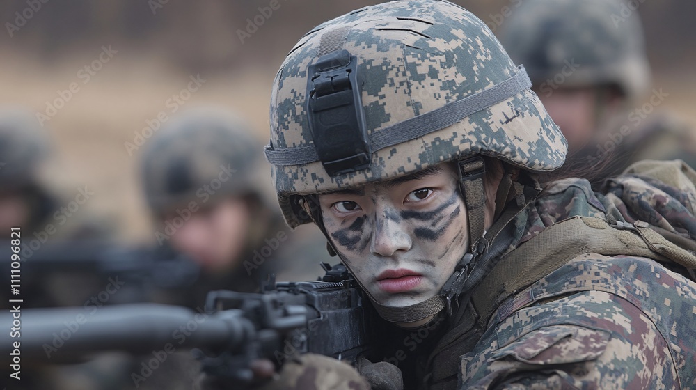 Fototapeta premium some asian soldiers in full combat gear, performing intense military training exercises in a rugged terrain, wearing camouflage uniforms with tactical vests, helmets, and face paint, 