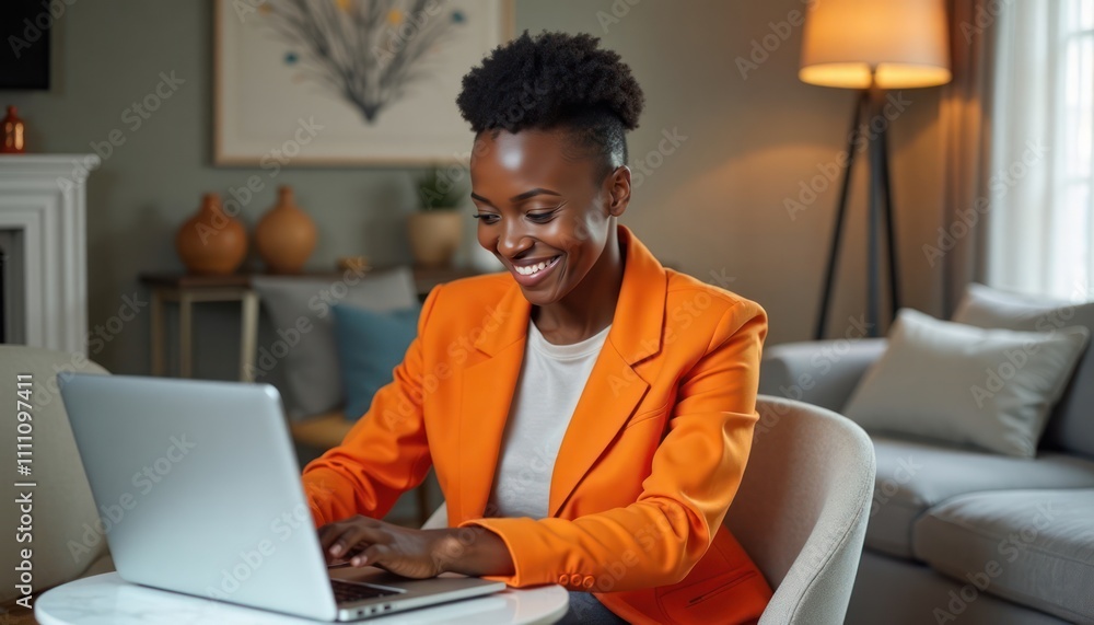 Joyful black woman sits in stylish home working on laptop. Wears vibrant orange jacket. Warm living room decor. Modern furniture surrounds, calm atmosphere. Looks happy, focused. Perfect for modern Joyful black woman sits in stylish home working on laptop. Wears vibrant orange jacket. Warm living room decor. Modern furniture surrounds, calm atmosphere. Looks happy, focused. Perfect for modern
