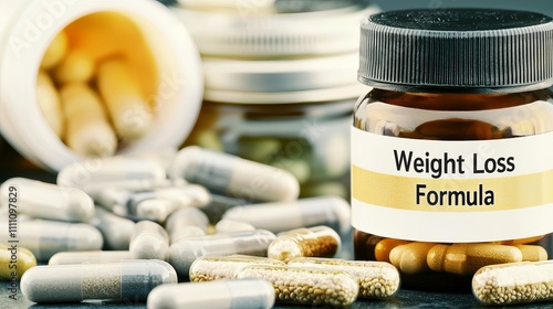 Assorted dietary supplements featuring a weight loss formula in a clear jar, creating a health-focused ambiance.