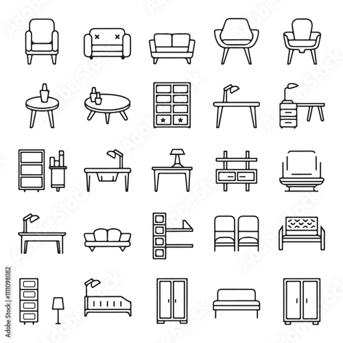 30 Minimalist Outline Icons of Modern Furniture: Chairs, Sofas, Coffee Tables, Desks & More - Scalable and Versatile Design Assets