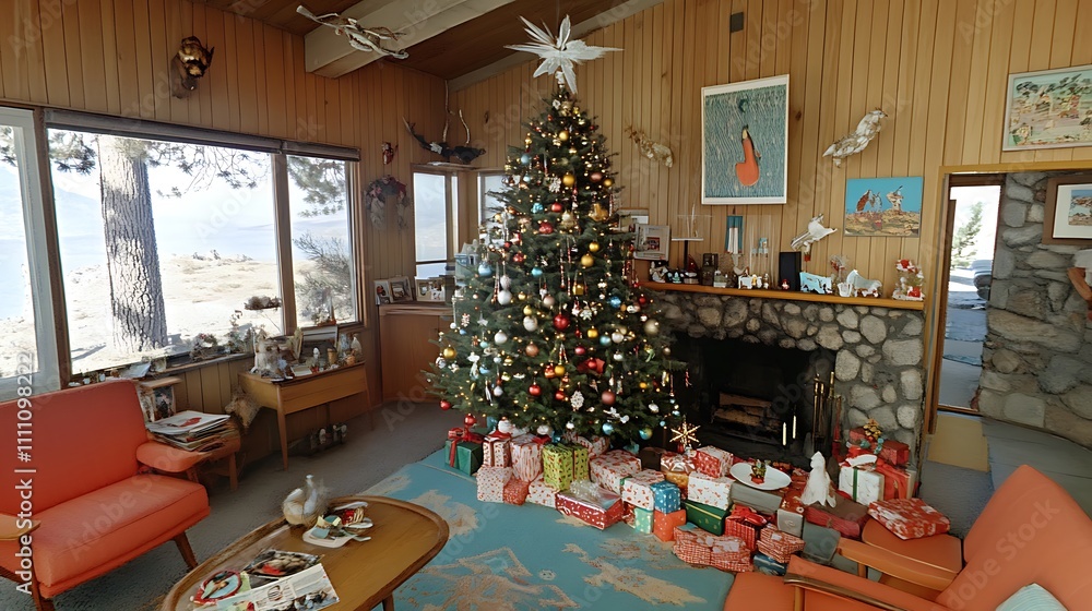 Obraz premium A Christmas Tree and Presents in a Cozy Cabin with a View