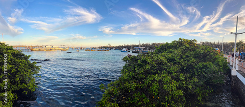 Beautitful sundown close to the pier of Puerto Ayora on Isla Santa Cruz on Galapagos Archipelago, Ecuador