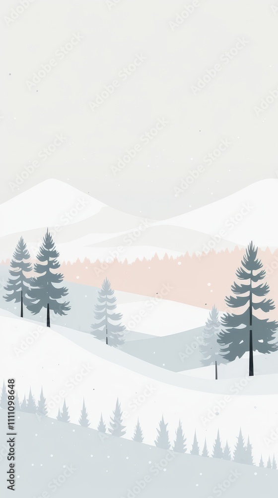 Fototapeta premium Winter landscape illustration with snow and a few pine trees, minimal design, soft pale colors, ideal for a winter phone wallpaper