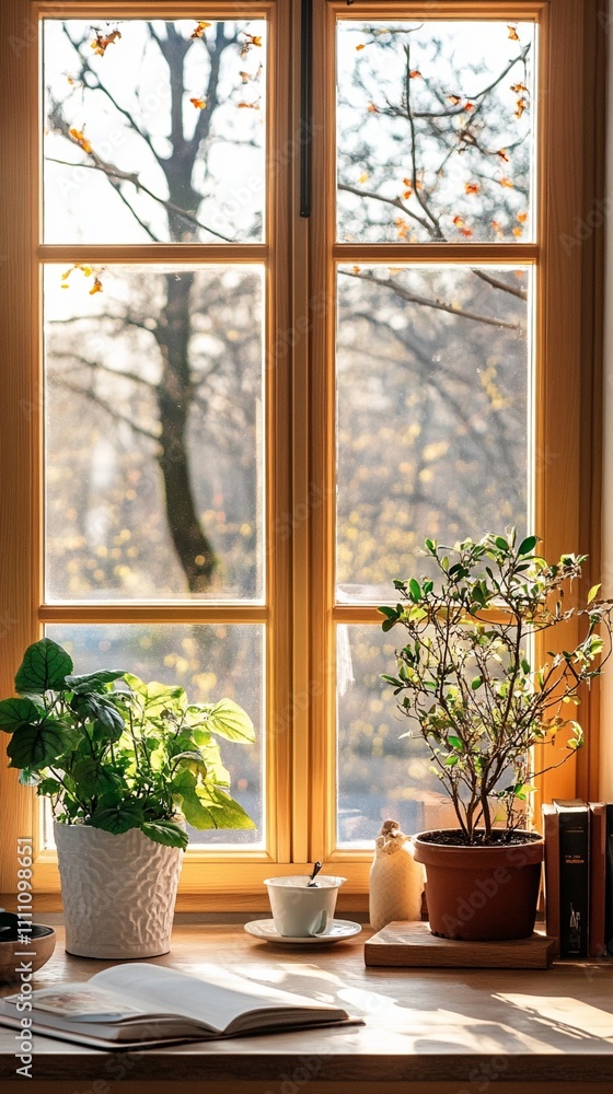 Cozy autumn morning by wooden window with houseplants, open book and coffee cup on windowsill, while golden sunlight streams through panes revealing misty fall trees outside Cozy autumn morning by wooden window with houseplants, open book and coffee cup on windowsill, while golden sunlight streams through panes revealing misty fall trees outside