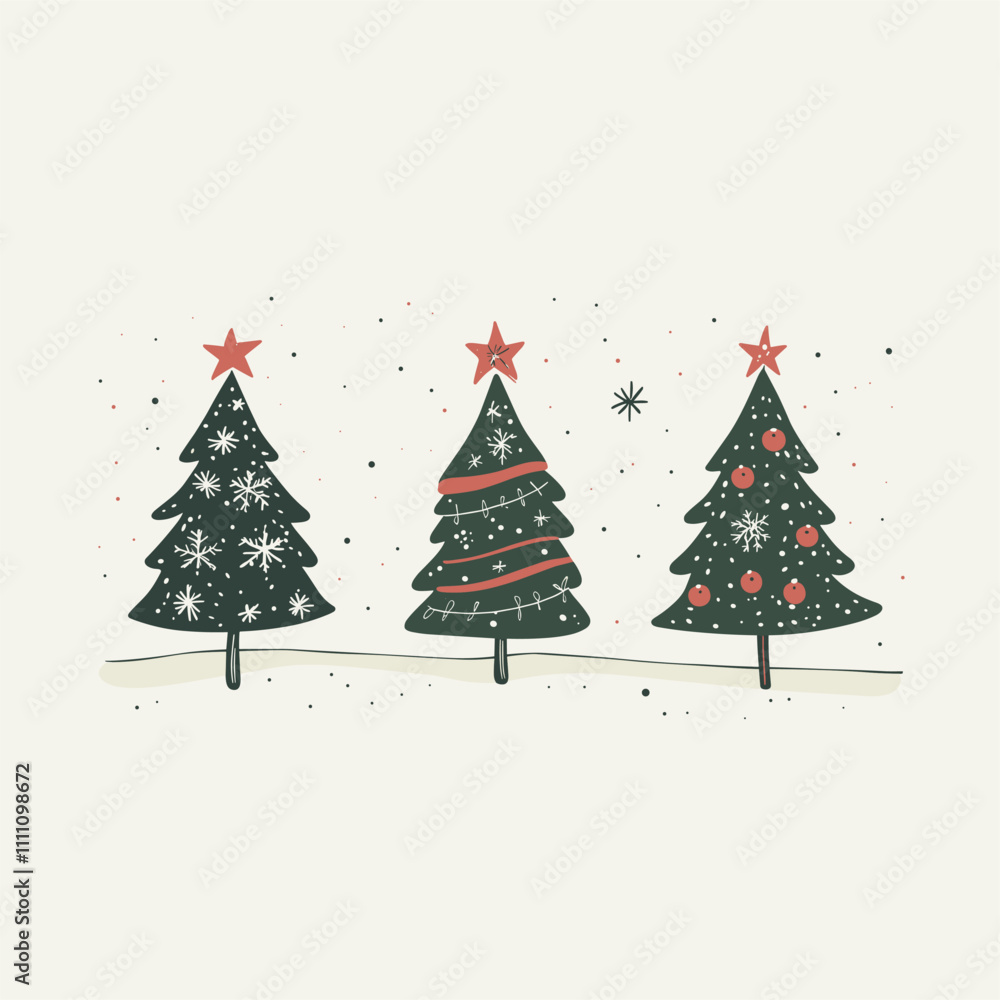 Three decorated Christmas trees with stars in a snowy scene. Three decorated Christmas trees with stars in a snowy scene.