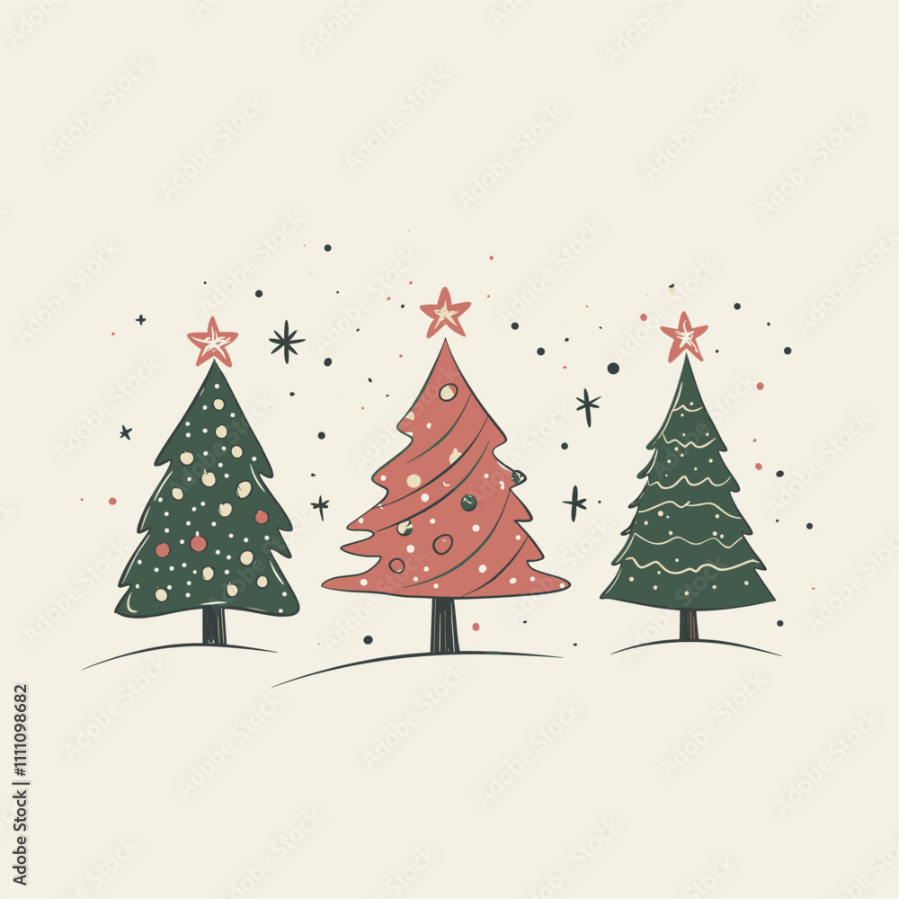 Three decorated Christmas trees with stars in a snowy scene. Three decorated Christmas trees with stars in a snowy scene.