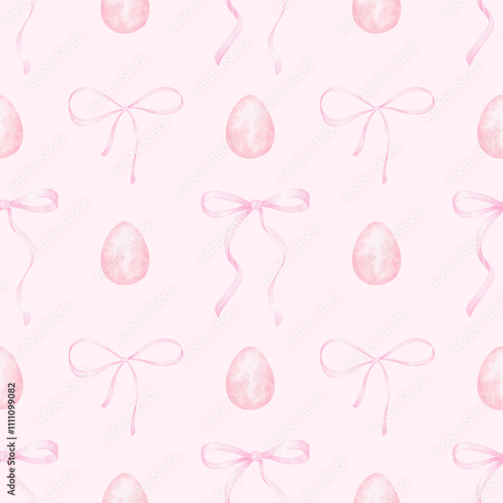 Fototapeta premium Easter eggs, bow. Watercolor seamless pattern on pink background in pastel colors. Cute illustration for textiles and wrapping paper for Easter