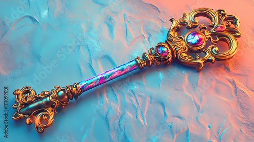 An ornate, iridescent key with a whimsical, fairytale-like quality. Iridescent. Illustration photo