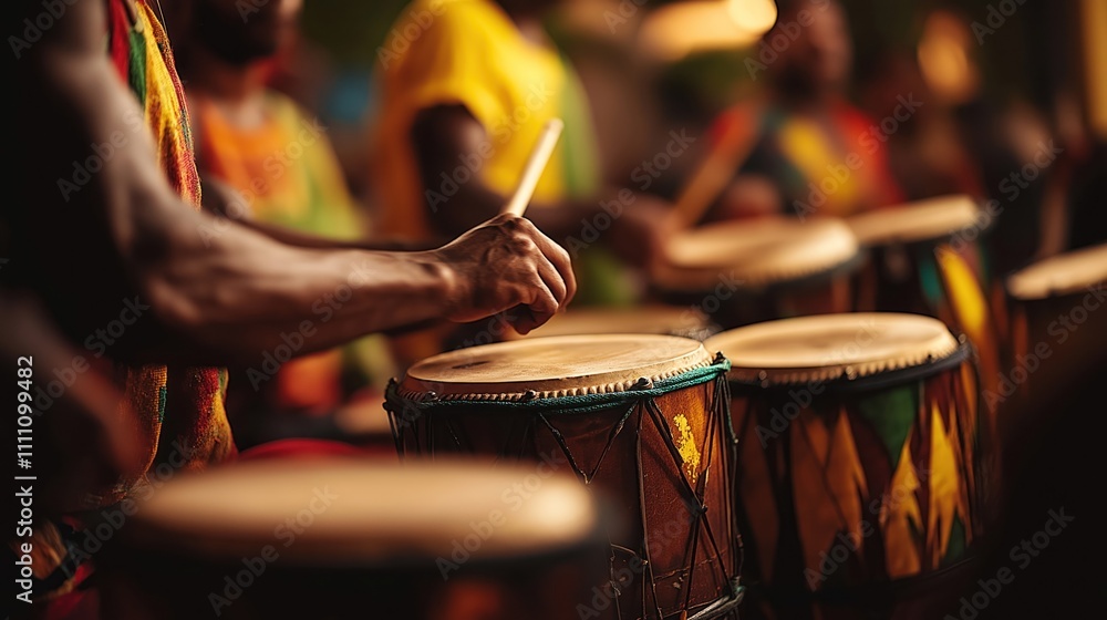 Naklejka premium Closeup view of vibrant drums played at reggae concert. Musicians play instruments rhythmically. Colorful costumes, lively atmosphere visible in background. Cultural music scene active. Reggae