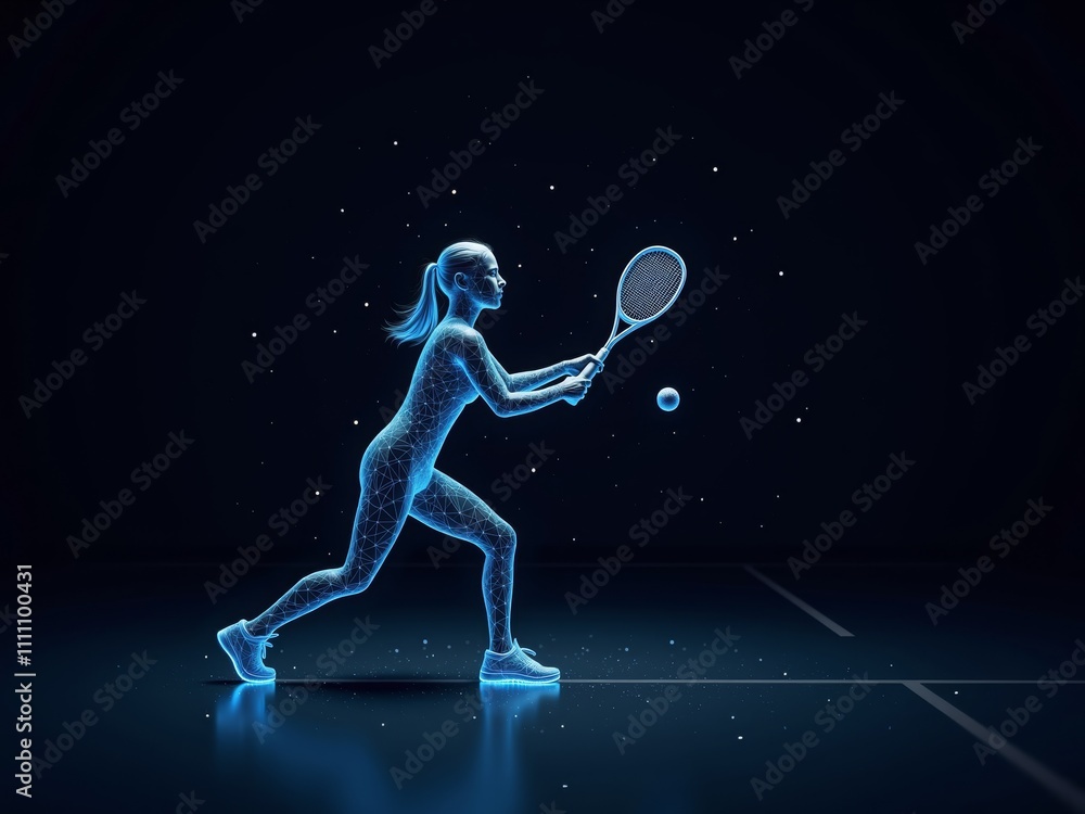 High-tech human hologram of woman playing tennis. 3d anatomy artificial intelligence illustration High-tech human hologram of woman playing tennis. 3d anatomy artificial intelligence illustration