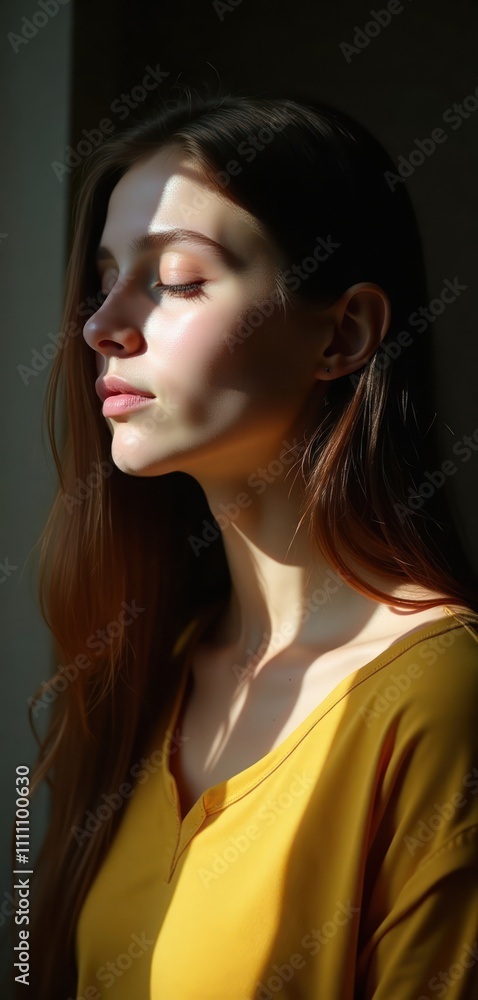 Young woman with long brown hair wears yellow shirt. Soft window light illuminates face. Stands in shadows. Eyes closed, looks down. Calmness, contemplation. Peaceful moment. Thoughtful expression. Young woman with long brown hair wears yellow shirt. Soft window light illuminates face. Stands in shadows. Eyes closed, looks down. Calmness, contemplation. Peaceful moment. Thoughtful expression.