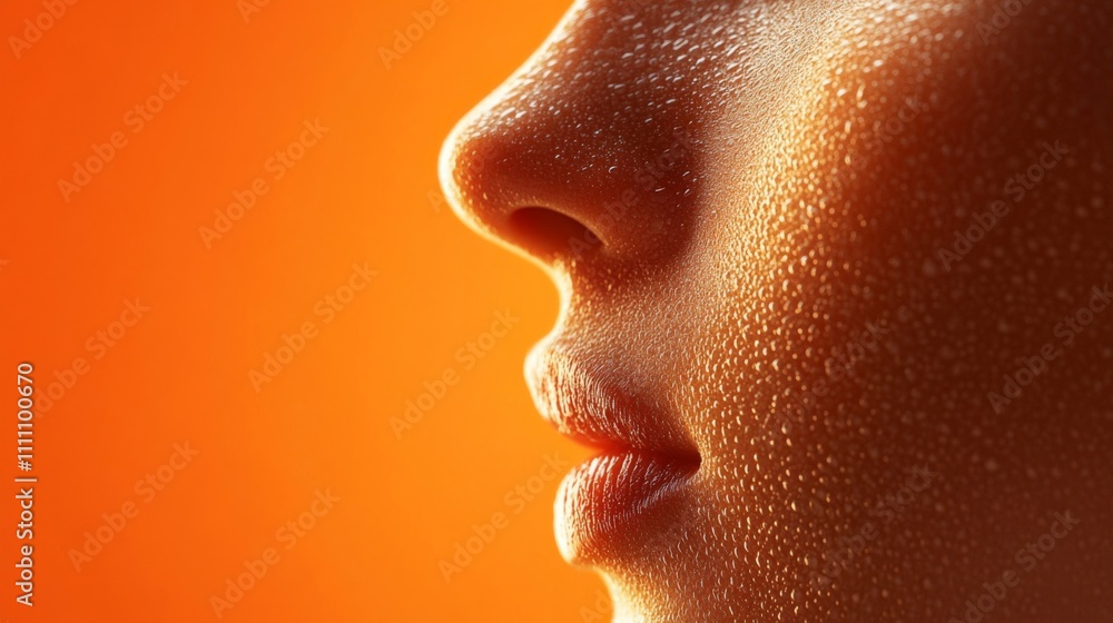 Close-up of a woman's face covered in sweat droplets Close-up of a woman's face covered in sweat droplets