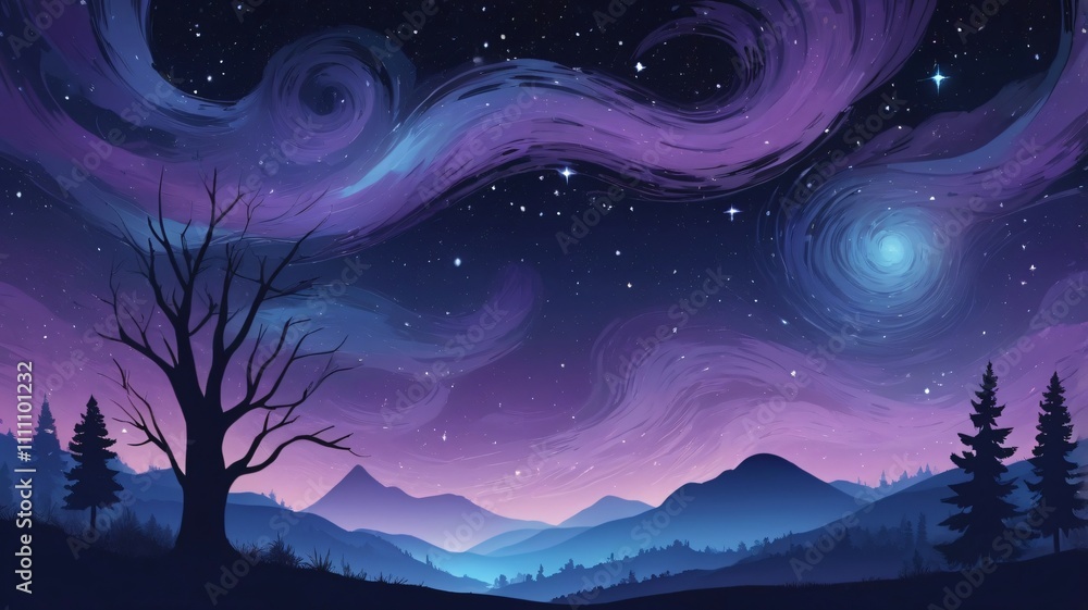 Obraz premium Vibrant abstract night sky with swirling clouds and silhouettes of a mountain landscape