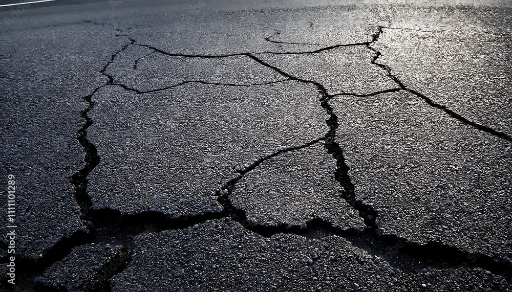 Fototapeta premium Weathered asphalt surface revealing cracks and specks of gravel creates a textured backdrop for artistic projects and urban photography