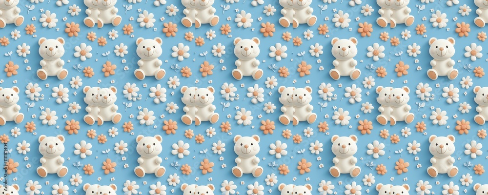 Fototapeta premium seamless pattern of Adorable 3D teddy bears pastel peach and white flowers blue background spring baby shower 