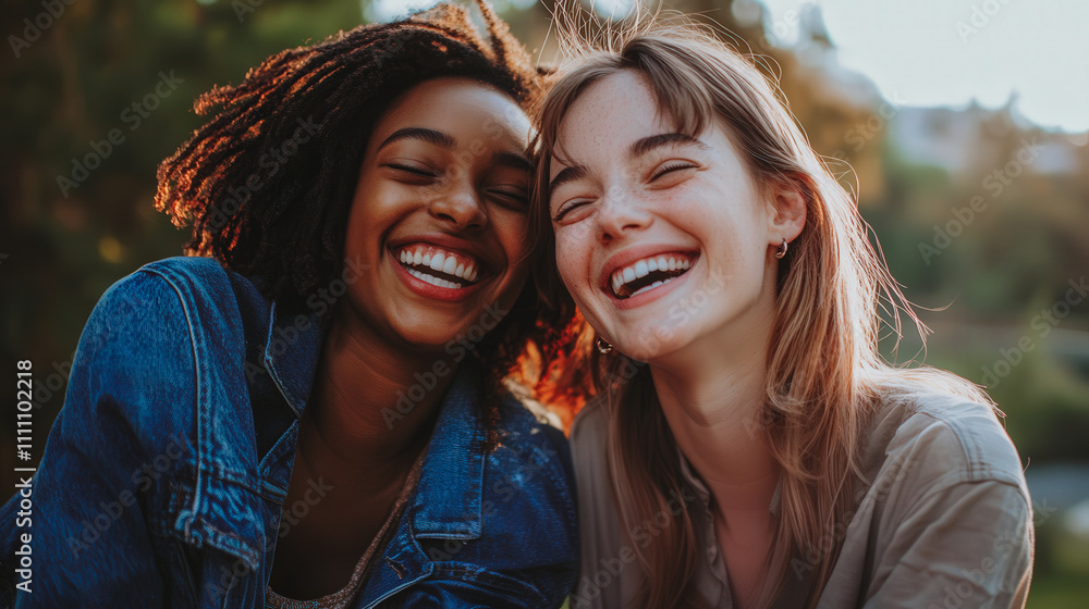 Fototapeta premium Two women are smiling and laughing together