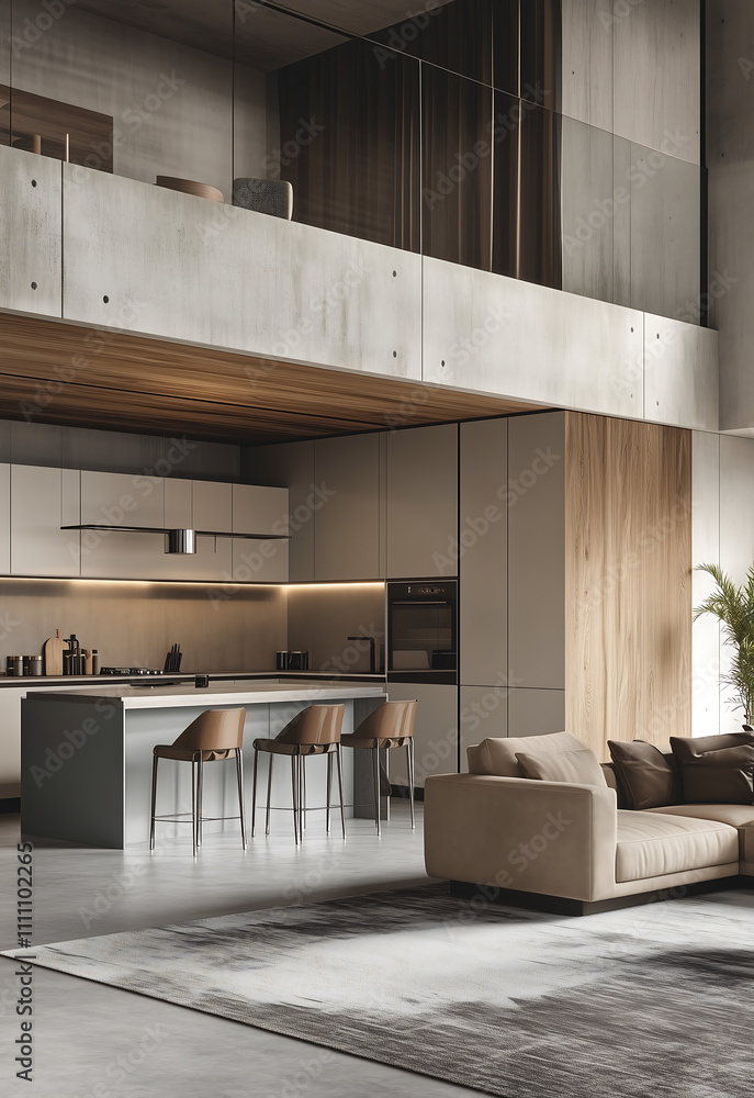 Naklejka premium Industrial loft kitchen with high ceilings, sleek furnishings, wooden accents, and a cozy living space, blending urban and modern design in a spacious layout